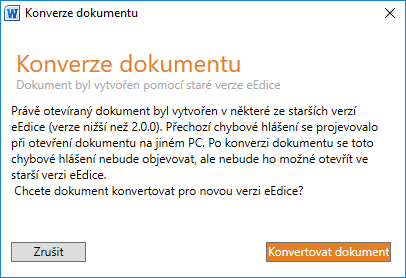 Obrázek č. 10 - Konverze dokumentu pro novou verzi eEdice