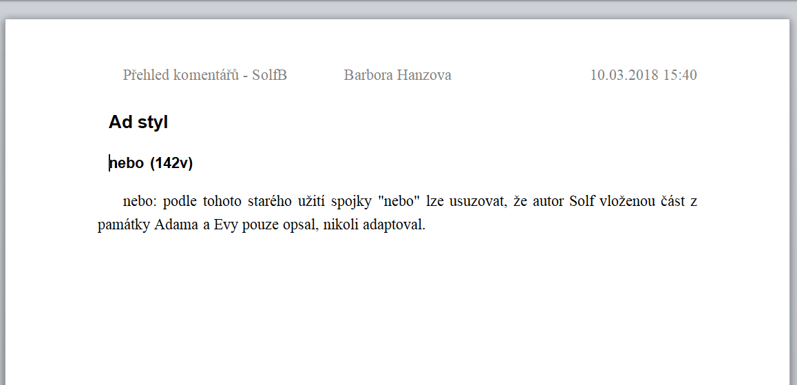 Obrázek č. 18 - Dokument s přehledem komentářů